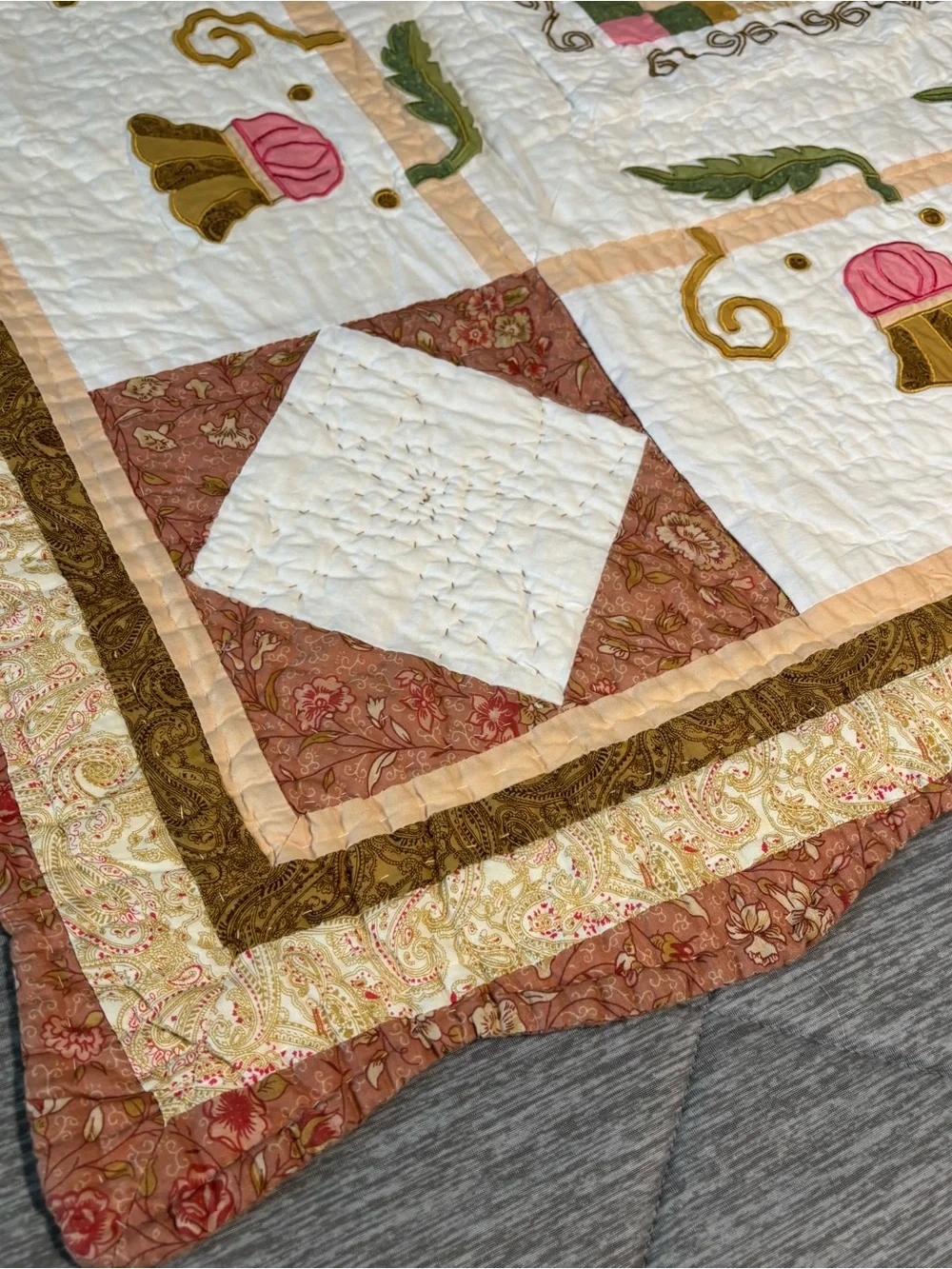 Vtg Appliqué Patchwork Quilt-Floral Tulip Basket Motif By French Tassel 50x50”